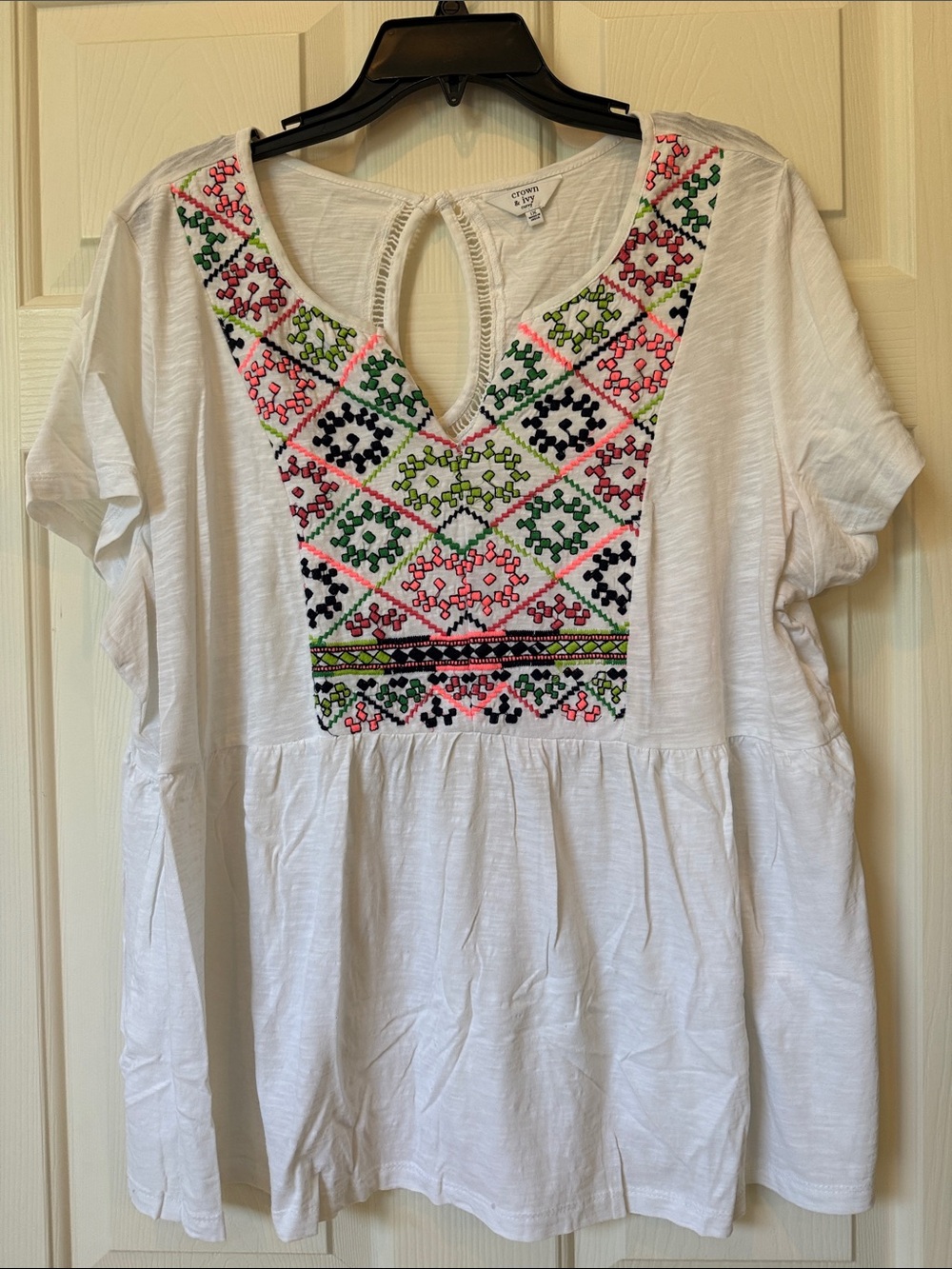 crown & ivy White Peasant Top with Pink, Green & Black Embroidery